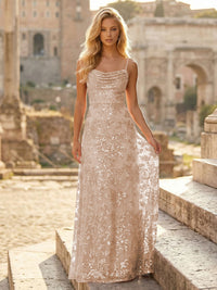 Sheath/Column Spaghetti Straps Cowl Neck Formal Dresses Maxi Party Gowns with Tulle Sequin Floral Applique