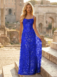 Sheath/Column Spaghetti Straps Cowl Neck Formal Dresses Maxi Party Gowns with Tulle Sequin Floral Applique