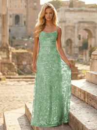 Sheath/Column Spaghetti Straps Cowl Neck Formal Dresses Maxi Party Gowns with Tulle Sequin Floral Applique