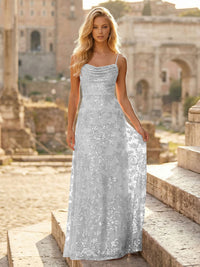Sheath/Column Spaghetti Straps Cowl Neck Formal Dresses Maxi Party Gowns with Tulle Sequin Floral Applique
