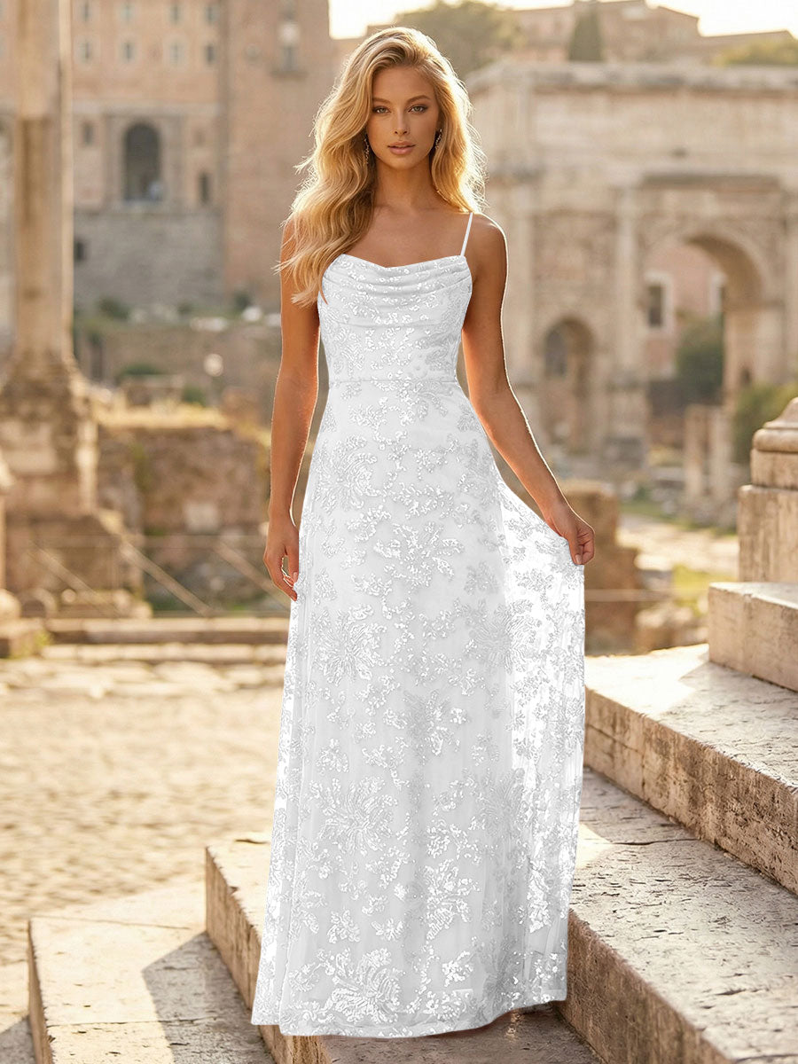 Sheath/Column Spaghetti Straps Cowl Neck Formal Dresses Maxi Party Gowns with Tulle Sequin Floral Applique