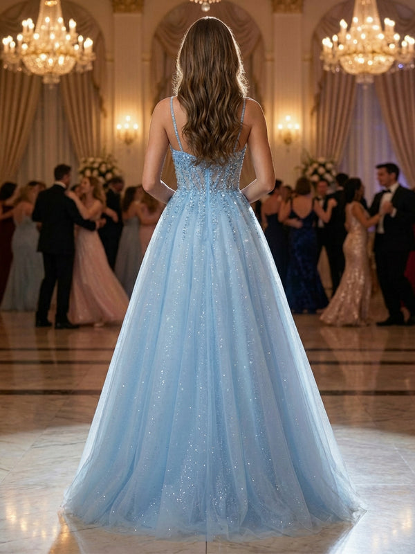 A-Line/Princess Glitter Tulle Corset Fairy Prom Dresses Spaghetti Straps Maxi Ball Gowns