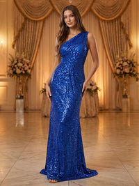 Sheath/Column Sparkly Sequin One Shoulder Ruched Waist Maxi Evening Party Gowns with Sweep Train