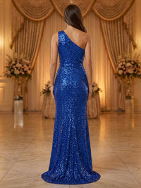 Sheath/Column Sparkly Sequin One Shoulder Ruched Waist Maxi Evening Party Gowns with Sweep Train