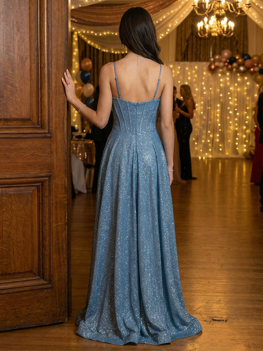 A-Line/Princess Sequin Spaghetti Straps Prom Dresses Corset Bodice Maxi Evening Party Gowns with Slit