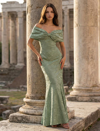 Mermaid/Trumpet Floral Jacquard Off Shoulder Bow Neck Formal Dresses Long Party Gowns