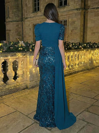 Sheath/Column Short Sleeves V-Neck Maxi Evening Dresses with Chiffon Train & Floral Sequin Embroidery