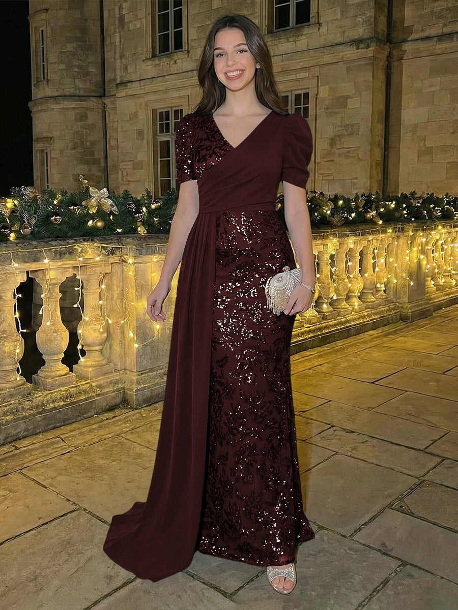 Sheath/Column Short Sleeves V-Neck Maxi Evening Dresses with Chiffon Train & Floral Sequin Embroidery