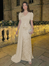 Sheath/Column Short Sleeves V-Neck Maxi Evening Dresses with Chiffon Train & Floral Sequin Embroidery