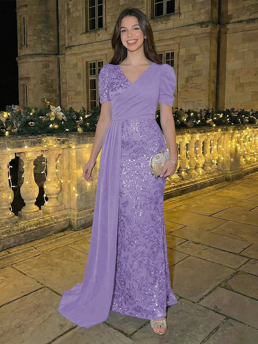 Sheath/Column Short Sleeves V-Neck Maxi Evening Dresses with Chiffon Train & Floral Sequin Embroidery