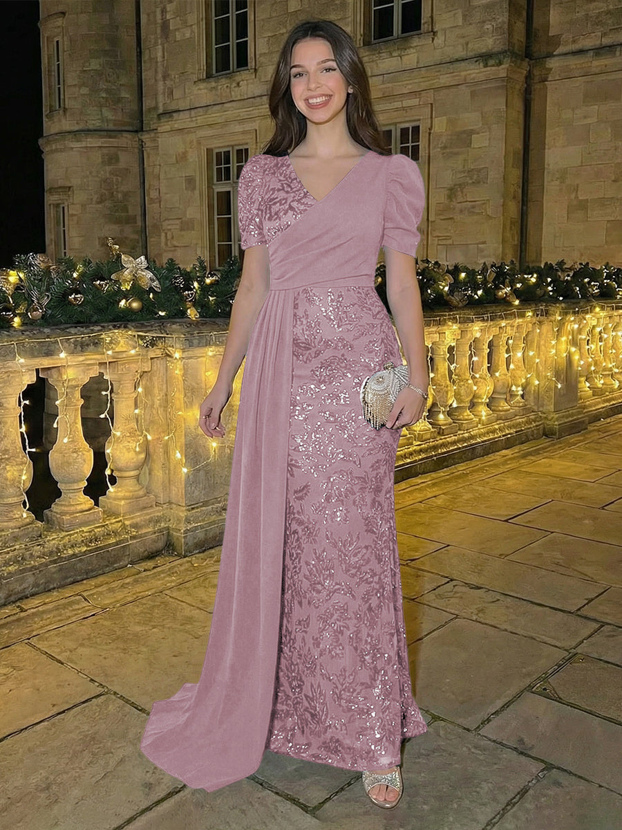 Sheath/Column Short Sleeves V-Neck Maxi Evening Dresses with Chiffon Train & Floral Sequin Embroidery