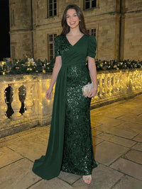 Sheath/Column Short Sleeves V-Neck Maxi Evening Dresses with Chiffon Train & Floral Sequin Embroidery