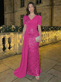 Sheath/Column Short Sleeves V-Neck Maxi Evening Dresses with Chiffon Train & Floral Sequin Embroidery