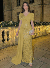 Sheath/Column Short Sleeves V-Neck Maxi Evening Dresses with Chiffon Train & Floral Sequin Embroidery