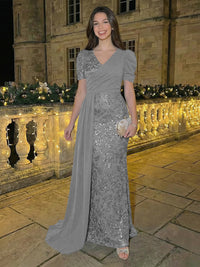 Sheath/Column Short Sleeves V-Neck Maxi Evening Dresses with Chiffon Train & Floral Sequin Embroidery