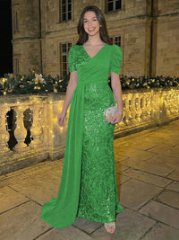 Sheath/Column Short Sleeves V-Neck Maxi Evening Dresses with Chiffon Train & Floral Sequin Embroidery