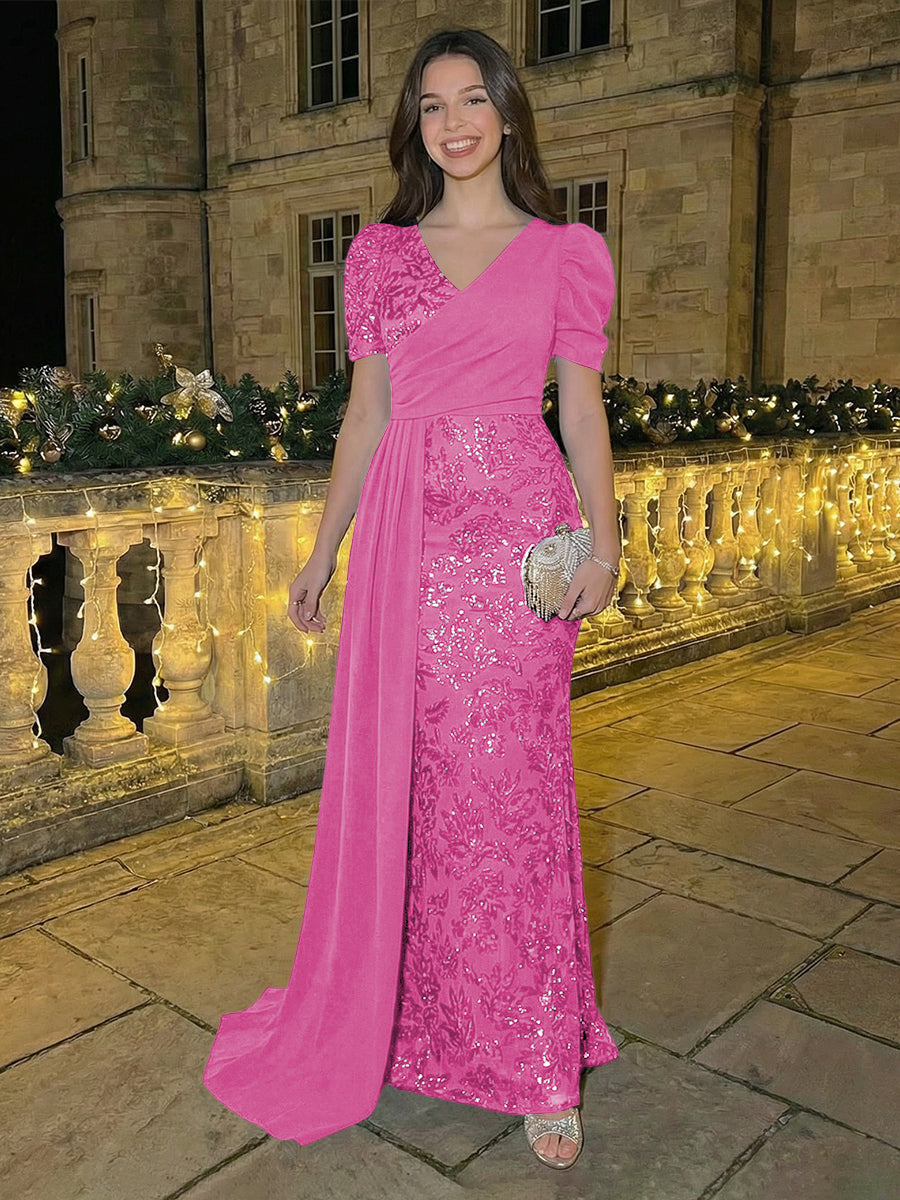 Sheath/Column Short Sleeves V-Neck Maxi Evening Dresses with Chiffon Train & Floral Sequin Embroidery
