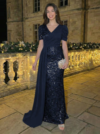 Sheath/Column Short Sleeves V-Neck Maxi Evening Dresses with Chiffon Train & Floral Sequin Embroidery