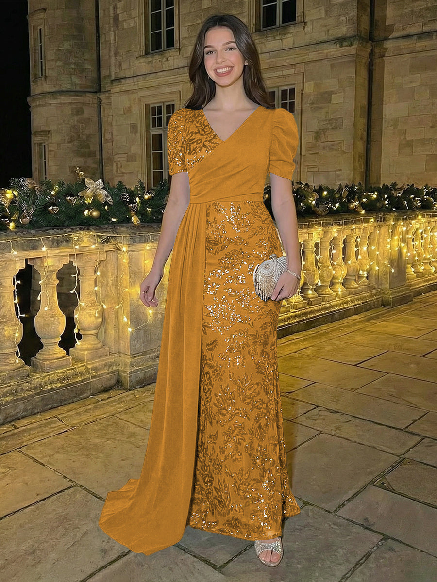 Sheath/Column Short Sleeves V-Neck Maxi Evening Dresses with Chiffon Train & Floral Sequin Embroidery