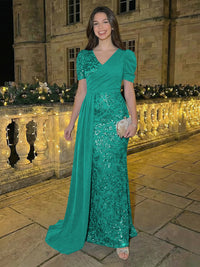 Sheath/Column Short Sleeves V-Neck Maxi Evening Dresses with Chiffon Train & Floral Sequin Embroidery