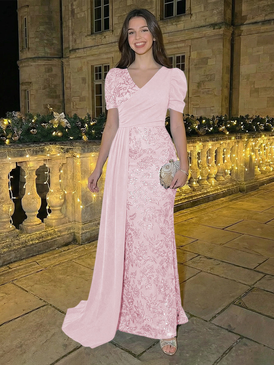 Sheath/Column Short Sleeves V-Neck Maxi Evening Dresses with Chiffon Train & Floral Sequin Embroidery