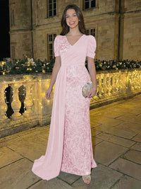 Sheath/Column Short Sleeves V-Neck Maxi Evening Dresses with Chiffon Train & Floral Sequin Embroidery