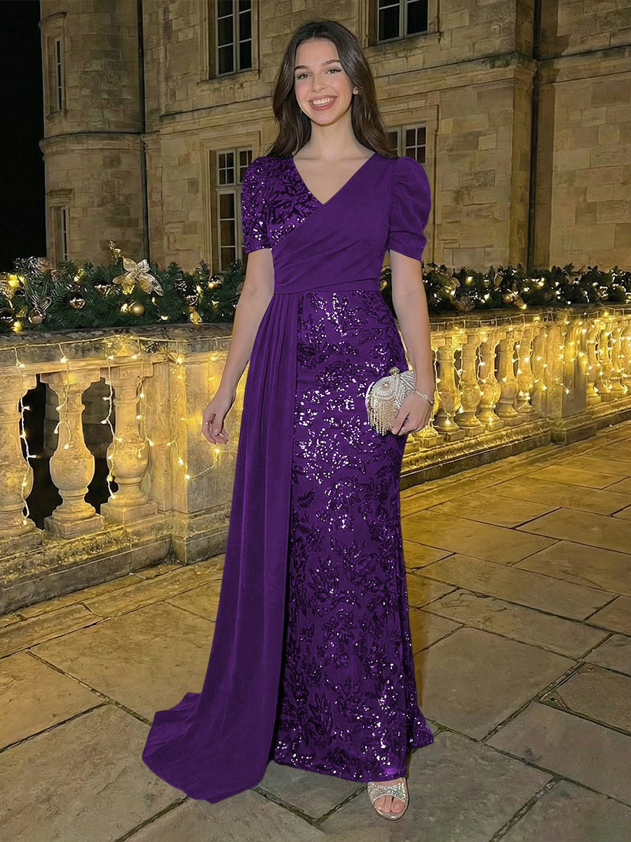 Sheath/Column Short Sleeves V-Neck Maxi Evening Dresses with Chiffon Train & Floral Sequin Embroidery