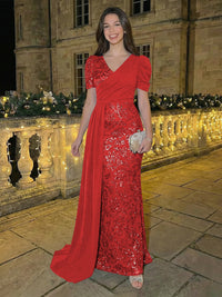 Sheath/Column Short Sleeves V-Neck Maxi Evening Dresses with Chiffon Train & Floral Sequin Embroidery
