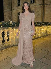 Sheath/Column Short Sleeves V-Neck Maxi Evening Dresses with Chiffon Train & Floral Sequin Embroidery