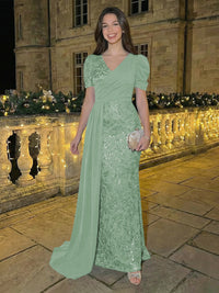 Sheath/Column Short Sleeves V-Neck Maxi Evening Dresses with Chiffon Train & Floral Sequin Embroidery