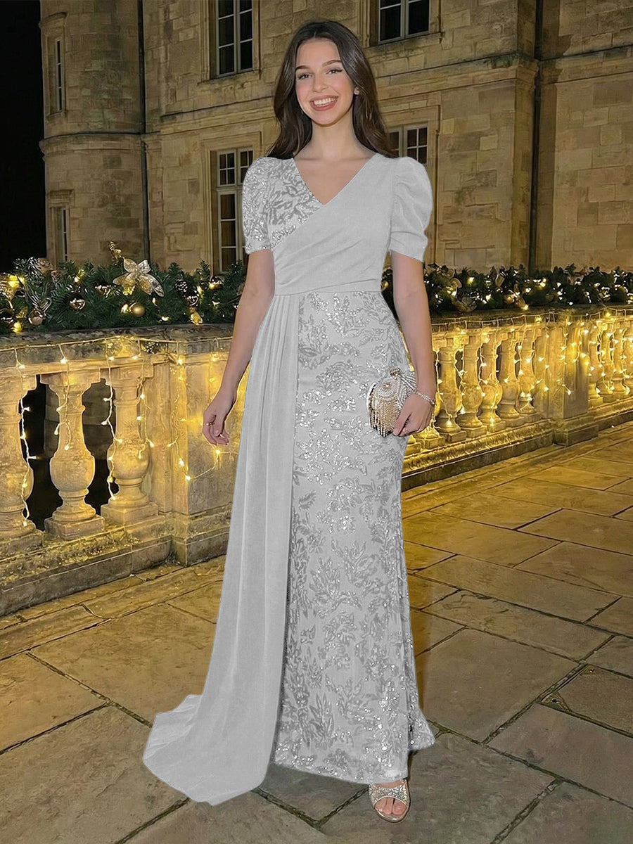Sheath/Column Short Sleeves V-Neck Maxi Evening Dresses with Chiffon Train & Floral Sequin Embroidery