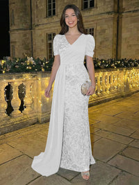Sheath/Column Short Sleeves V-Neck Maxi Evening Dresses with Chiffon Train & Floral Sequin Embroidery