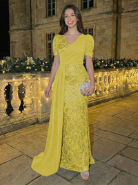 Sheath/Column Short Sleeves V-Neck Maxi Evening Dresses with Chiffon Train & Floral Sequin Embroidery