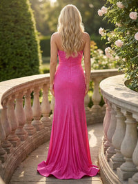Sheath/Column Sparkly Rhinestones Strapless Sweetheart Cut-Out Maxi Prom Dresses with High Slit