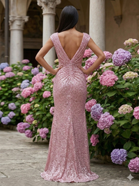 Sheath/Column Sparkly Sequin Ruched Waist Maxi Evening Party Gowns with Slit