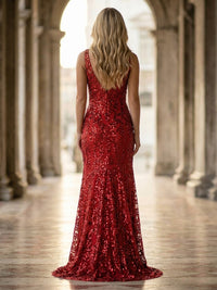 Sheath/Column Sparkly Sequin Floral Appliques Prom Dresses Maxi Vintage Red Carpet Gown with Slit