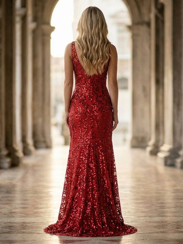 Sheath/Column Sparkly Sequin Floral Appliques Prom Dresses Maxi Vintage Red Carpet Gown with Slit