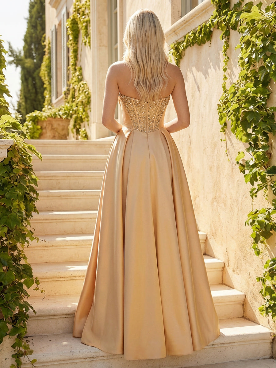 A-Line/Princess Satin Corset Bodice Strapless Sweetheart Maxi Prom Dresses Ball Gowns with Slit
