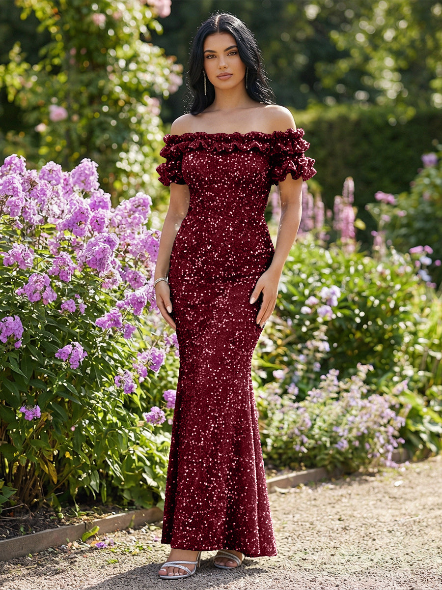 Mermaid/Trumpet Sparkly Sequin Off-the-Shoulder Ruffled Sleeves Long Evening Dresses