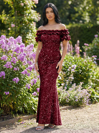 Mermaid/Trumpet Sparkly Sequin Off-the-Shoulder Ruffled Sleeves Long Evening Dresses