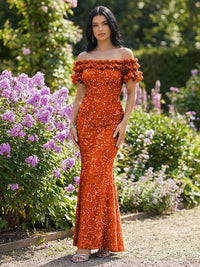 Mermaid/Trumpet Sparkly Sequin Off-the-Shoulder Ruffled Sleeves Long Evening Dresses