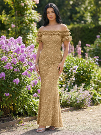 Mermaid/Trumpet Sparkly Sequin Off-the-Shoulder Ruffled Sleeves Long Evening Dresses