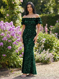 Mermaid/Trumpet Sparkly Sequin Off-the-Shoulder Ruffled Sleeves Long Evening Dresses