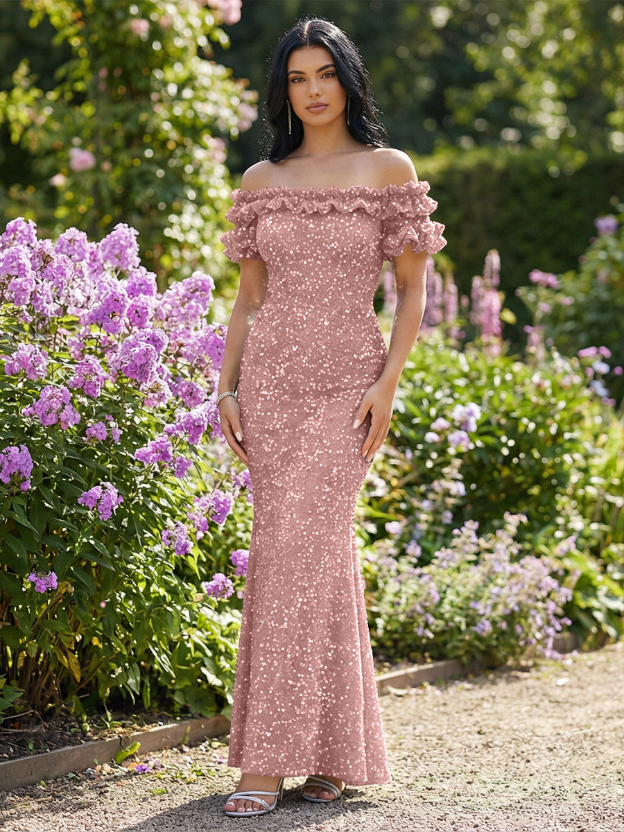 Mermaid/Trumpet Sparkly Sequin Off-the-Shoulder Ruffled Sleeves Long Evening Dresses