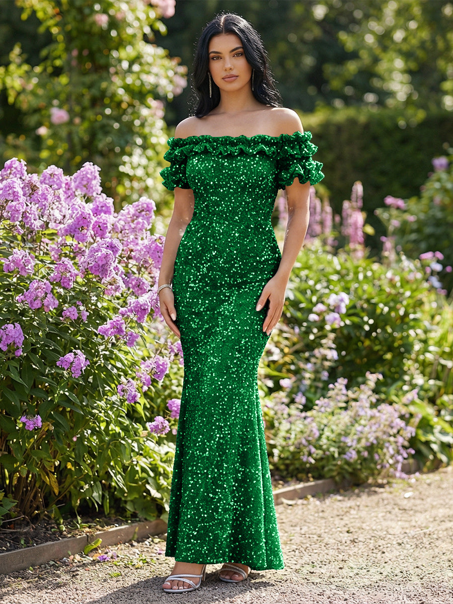 Mermaid/Trumpet Sparkly Sequin Off-the-Shoulder Ruffled Sleeves Long Evening Dresses