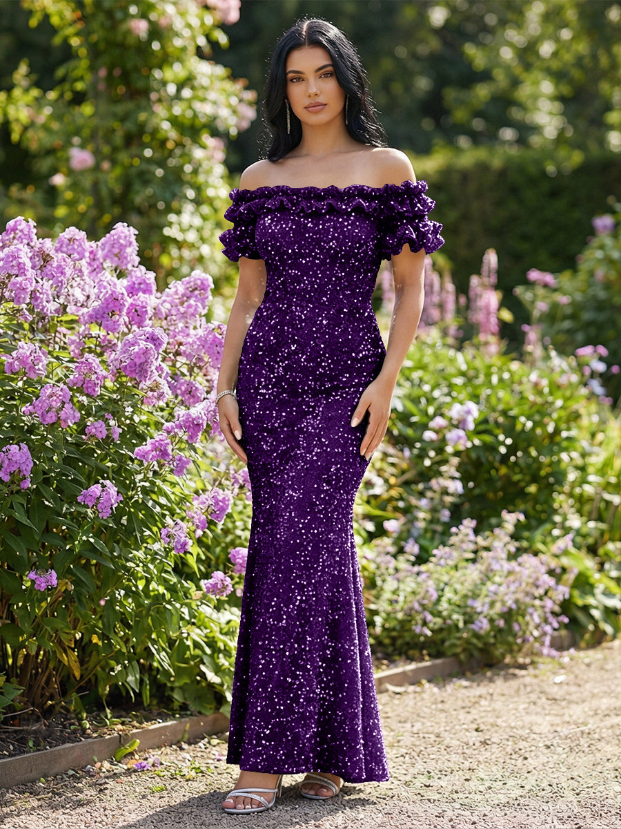 Mermaid/Trumpet Sparkly Sequin Off-the-Shoulder Ruffled Sleeves Long Evening Dresses