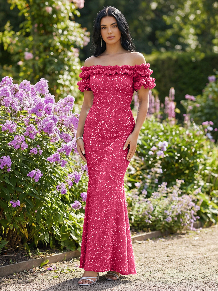 Mermaid/Trumpet Sparkly Sequin Off-the-Shoulder Ruffled Sleeves Long Evening Dresses