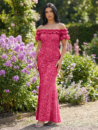 Mermaid/Trumpet Sparkly Sequin Off-the-Shoulder Ruffled Sleeves Long Evening Dresses