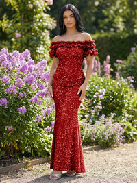 Mermaid/Trumpet Sparkly Sequin Off-the-Shoulder Ruffled Sleeves Long Evening Dresses