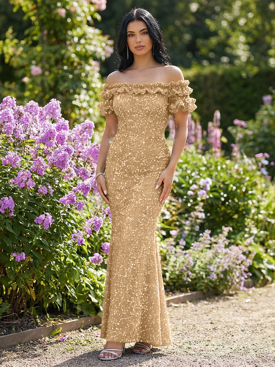 Mermaid/Trumpet Sparkly Sequin Off-the-Shoulder Ruffled Sleeves Long Evening Dresses